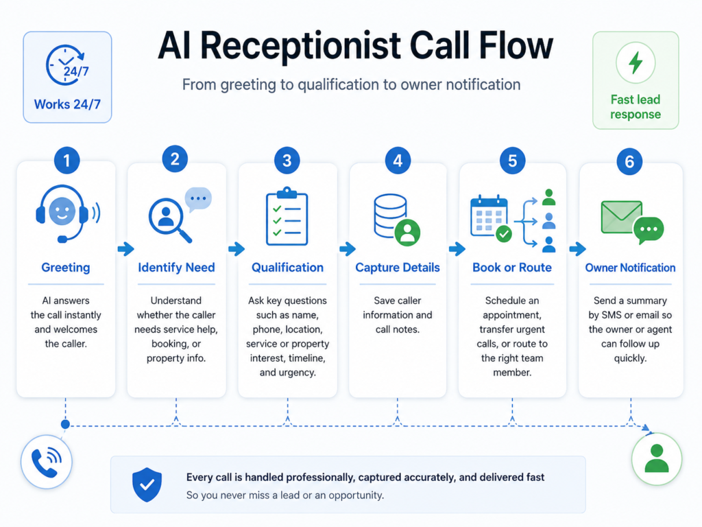 Diagram showing an AI receptionist call flow from greeting to qualification to owner notification