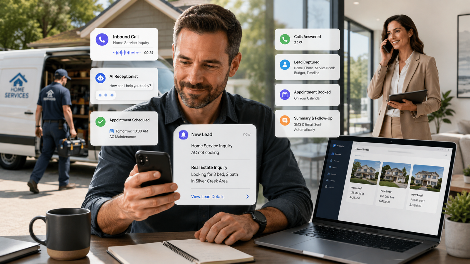 Home-service business owner checking AI receptionist call notes on a phone at a job site