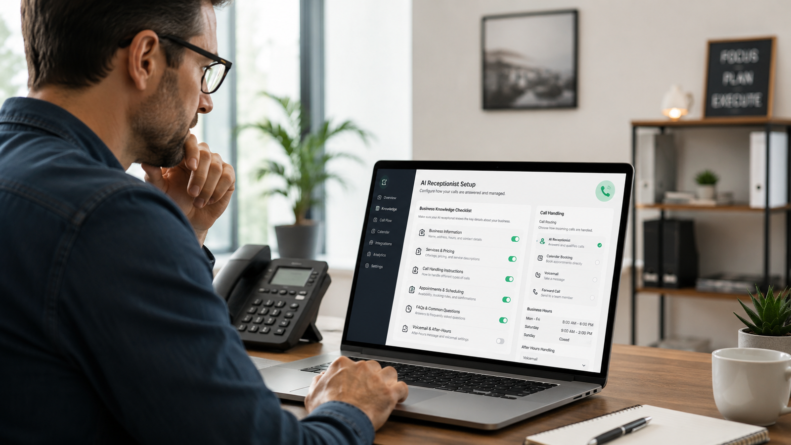 Business owner setting up an AI receptionist configuration for their service business