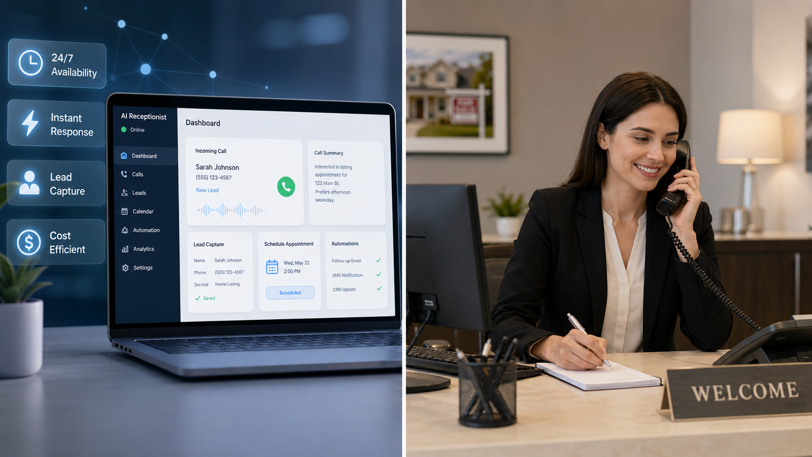 Split image comparing an AI receptionist dashboard with a traditional front desk receptionist answering phones