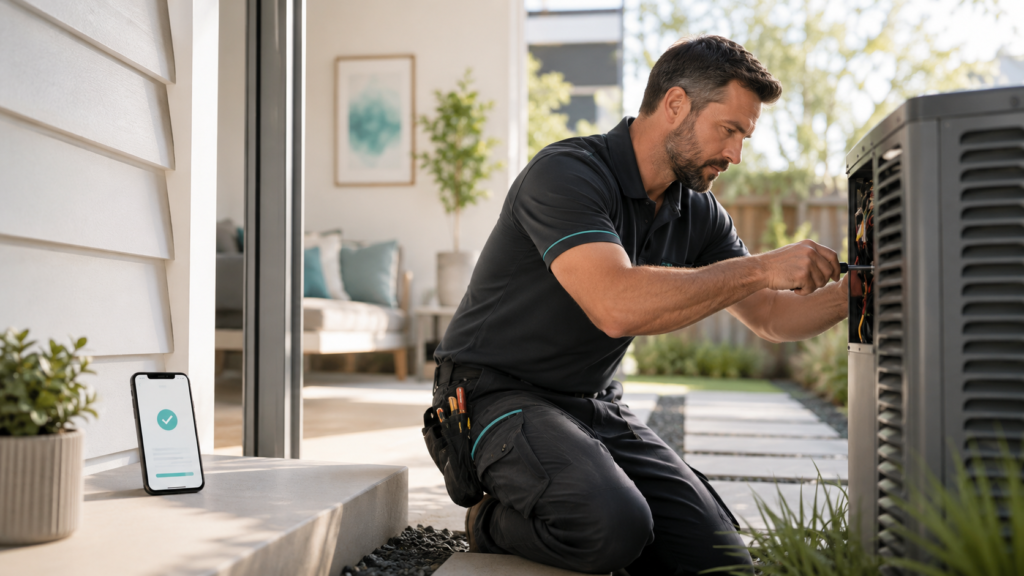 HVAC technician repairing an outdoor unit while an AI receptionist confirms a new customer appointment on his nearby phone
