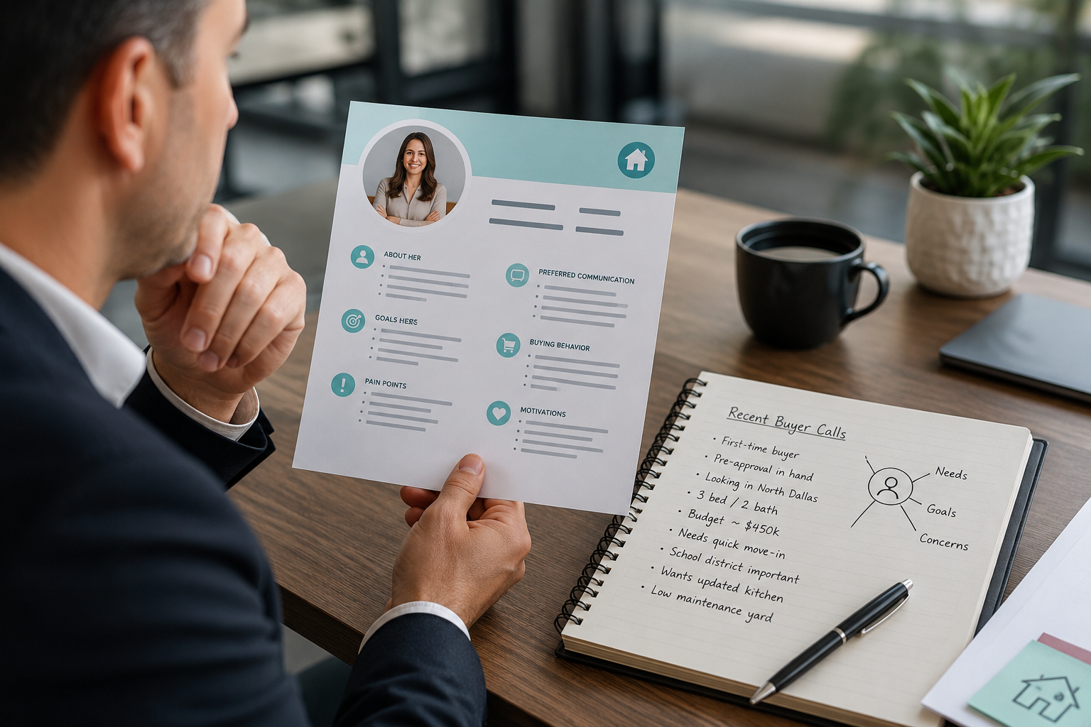 Real estate agent reviewing a customer persona profile alongside notes from recent buyer calls