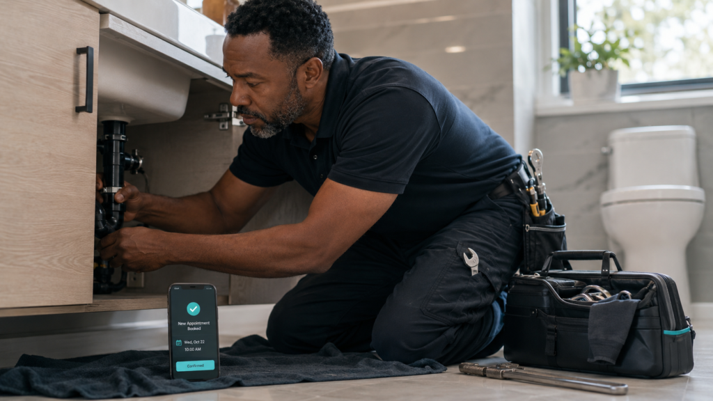 Plumber repairing a sink while an AI receptionist books a new customer appointment on his phone.
