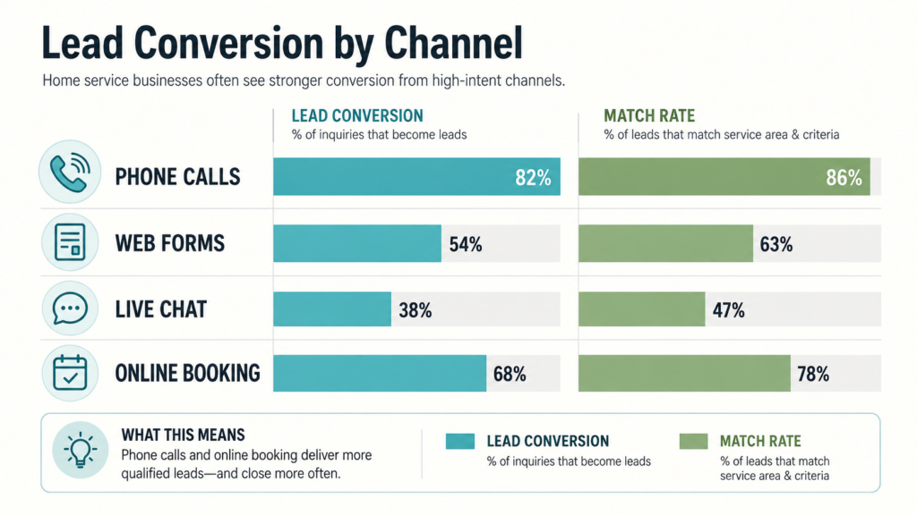 Chart comparing lead conversion and match rate by channel for home service businesses: phone calls, forms, chat, and online booking