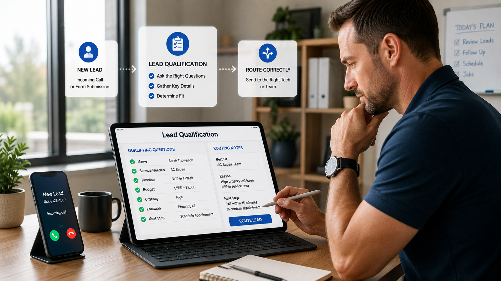 Service business owner reviewing a lead qualification checklist with qualifying questions and routing notes