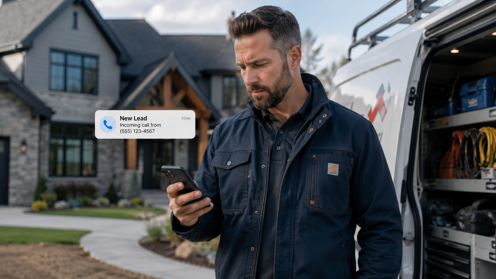 Service business owner reviewing a lead notification on their phone while on a job site