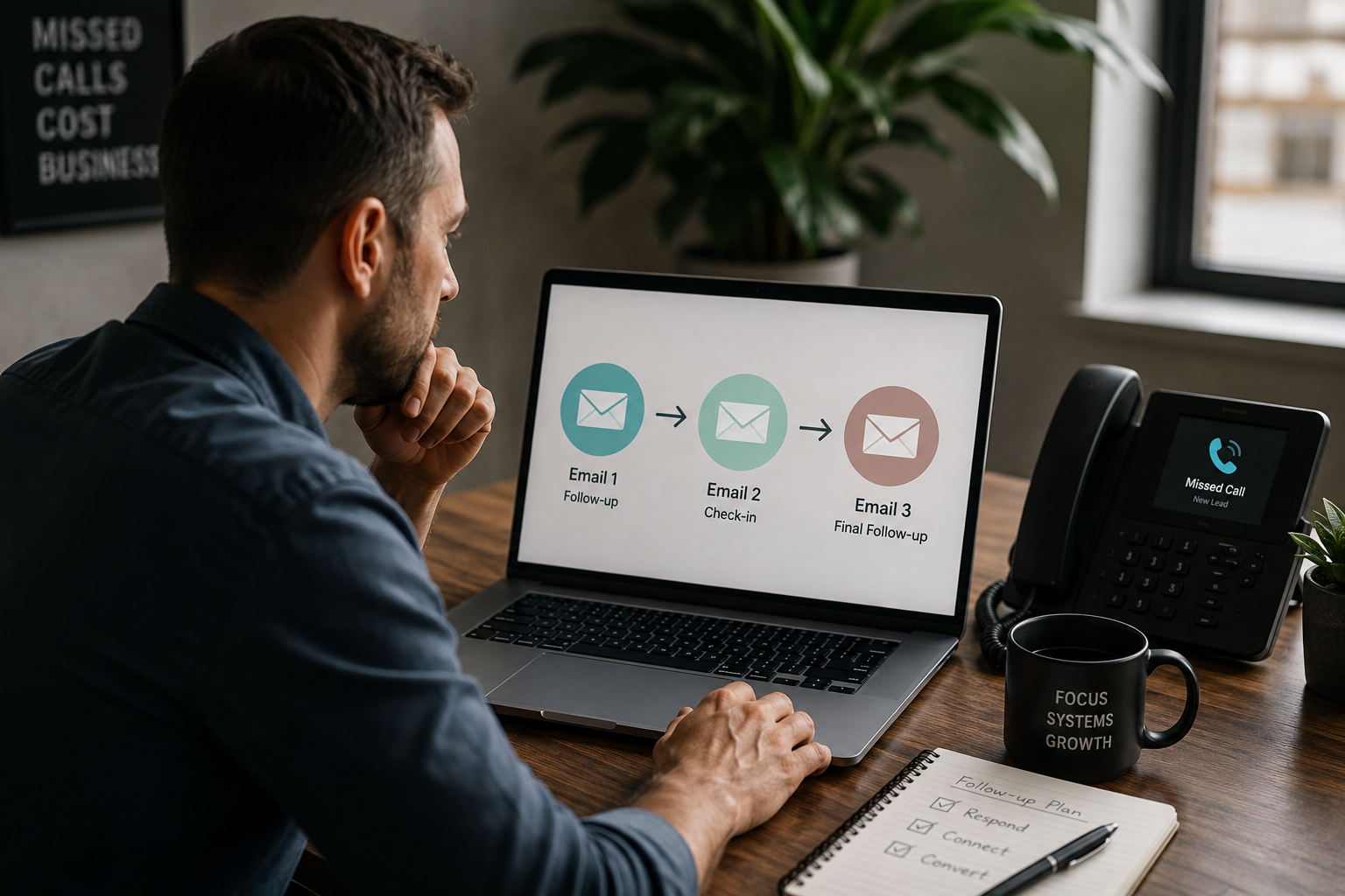 Business owner reviewing a three-email follow-up sequence after a missed customer call