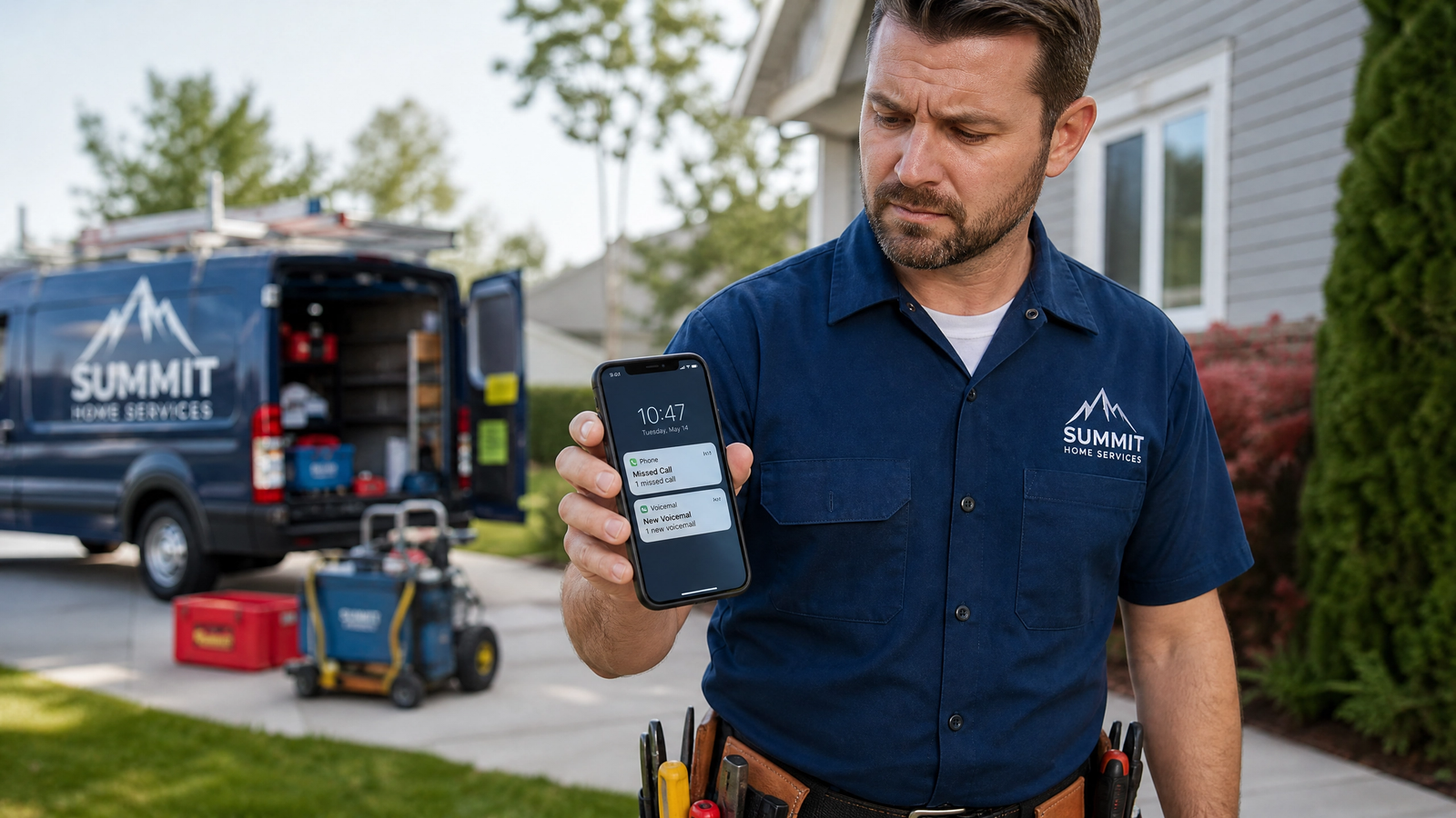Service business owner reviewing a missed call notification on their phone while on a job site