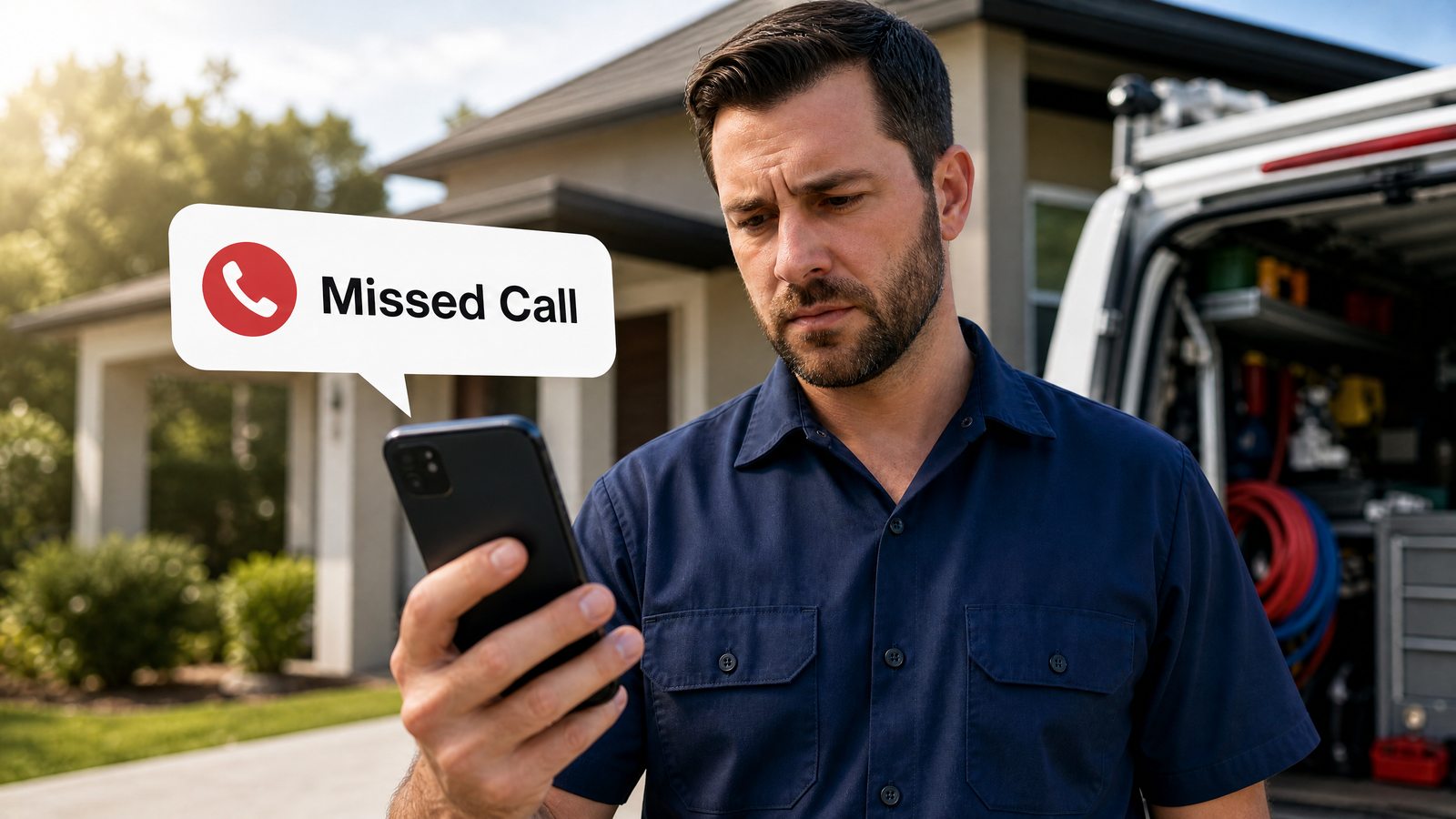 Service business owner on a job site with a missed call notification on their phone
