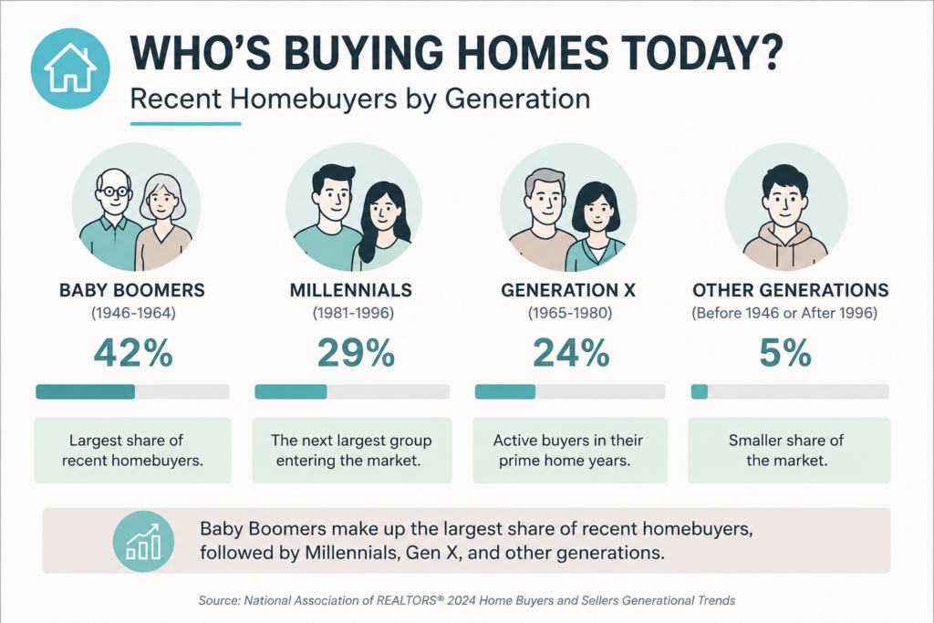 Chart showing the generational breakdown of recent homebuyers: baby boomers, millennials, Gen X, and other generations
