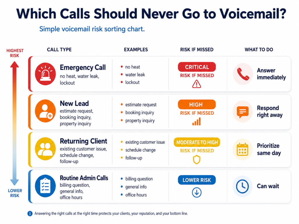 Simple chart sorting new-lead, emergency, and returning-client calls by voicemail risk