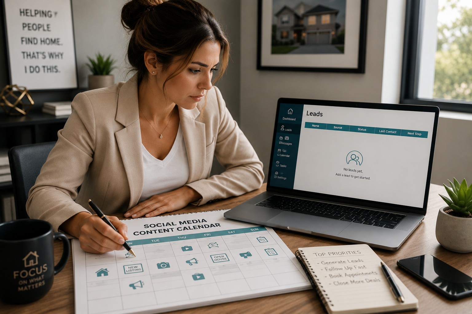 Real estate agent reviewing a social media content calendar next to an empty lead list