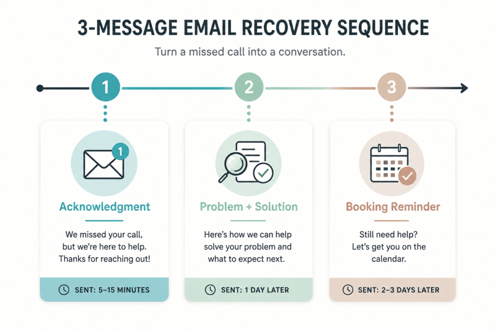 Timeline diagram of a three-message email recovery sequence: acknowledgment, problem and solution, and booking reminder