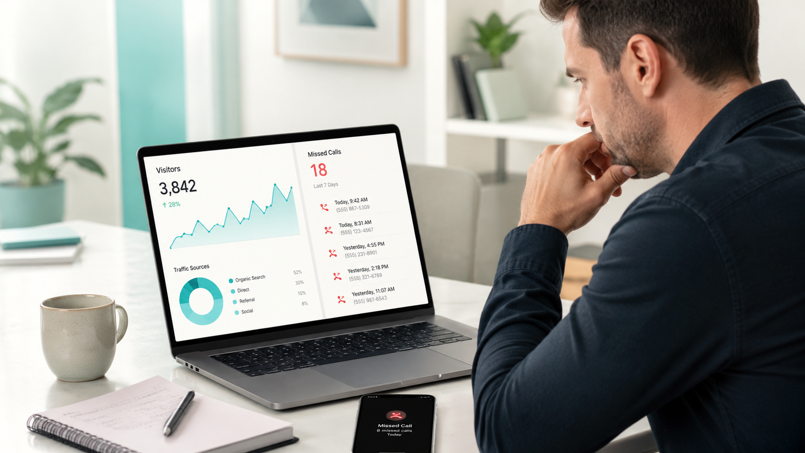 Business owner comparing website traffic numbers to missed call logs on a laptop