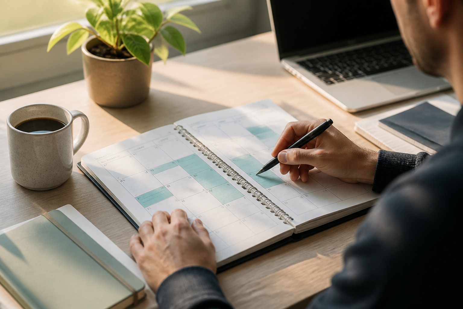Small business owner reviewing a schedule while working to grow business fewer hours instead of adding more shifts