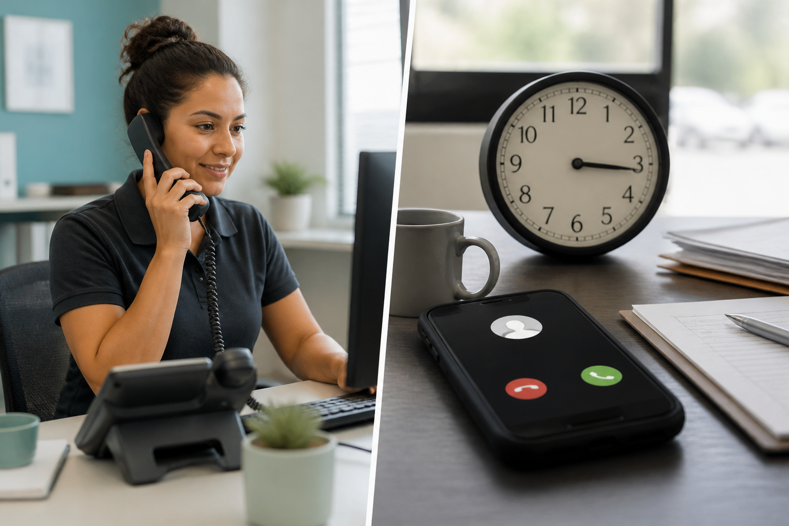 Split-screen comparison of a phone answered instantly by an AI receptionist versus a missed call sitting unanswered on a desk