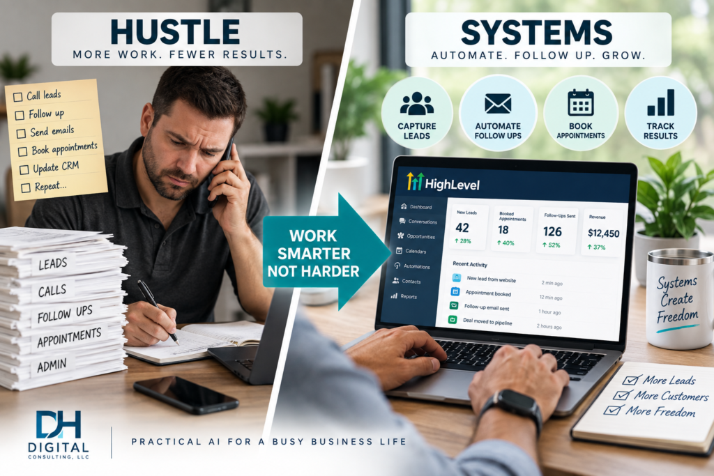 A business owner using GoHighLevel automation software on a laptop instead of manually calling every lead