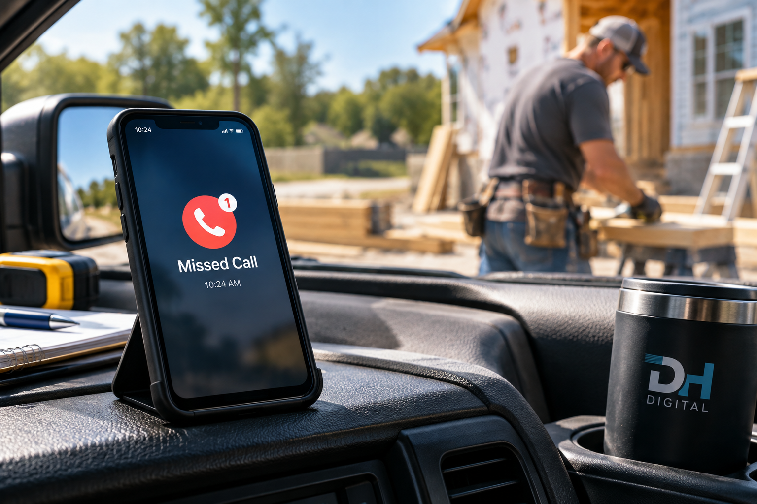 A solo contractor working on a job site while a smartphone with a missed call notification sits on the truck dashboard