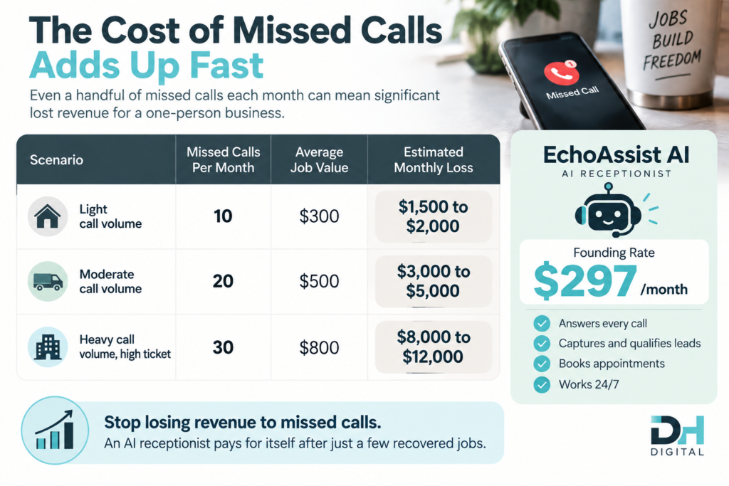 A table comparing missed call costs against the monthly price of an AI receptionist service