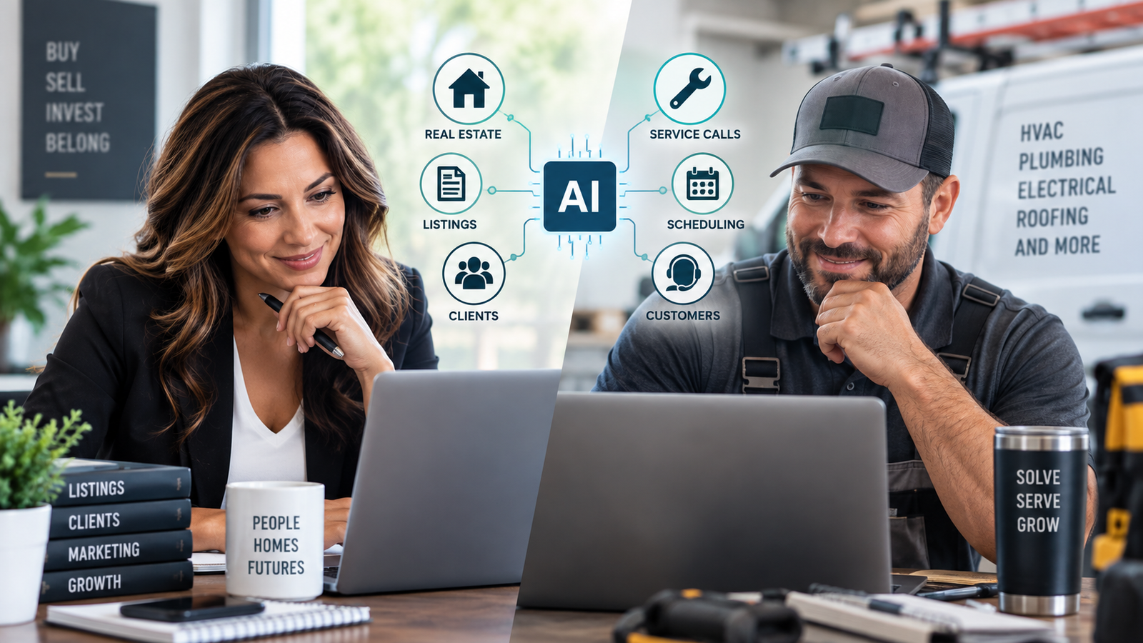 A real estate agent and a home service contractor reviewing industry-specific AI tools on a laptop together