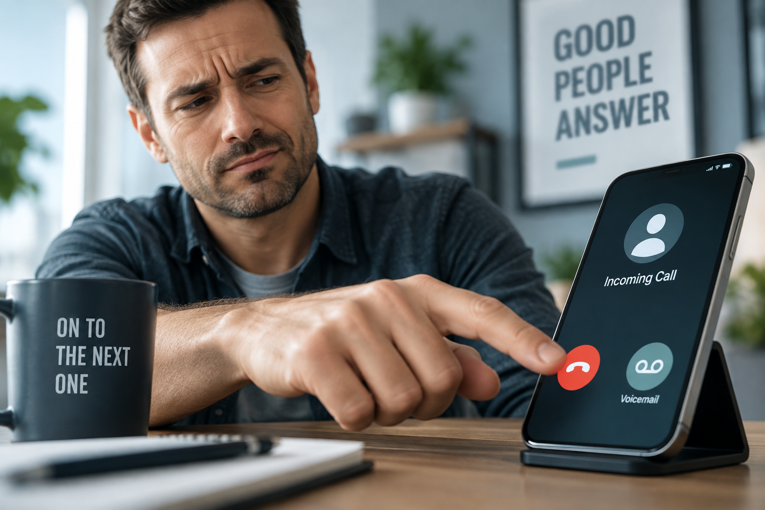 A prospect looking at a ringing phone and deciding to hang up instead of leaving a voicemail