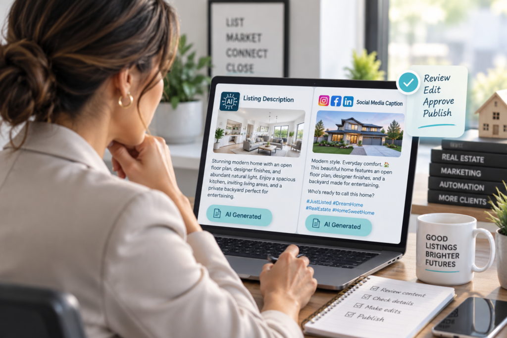 Agent reviewing an AI-generated listing description and social caption side by side on a phone and laptop