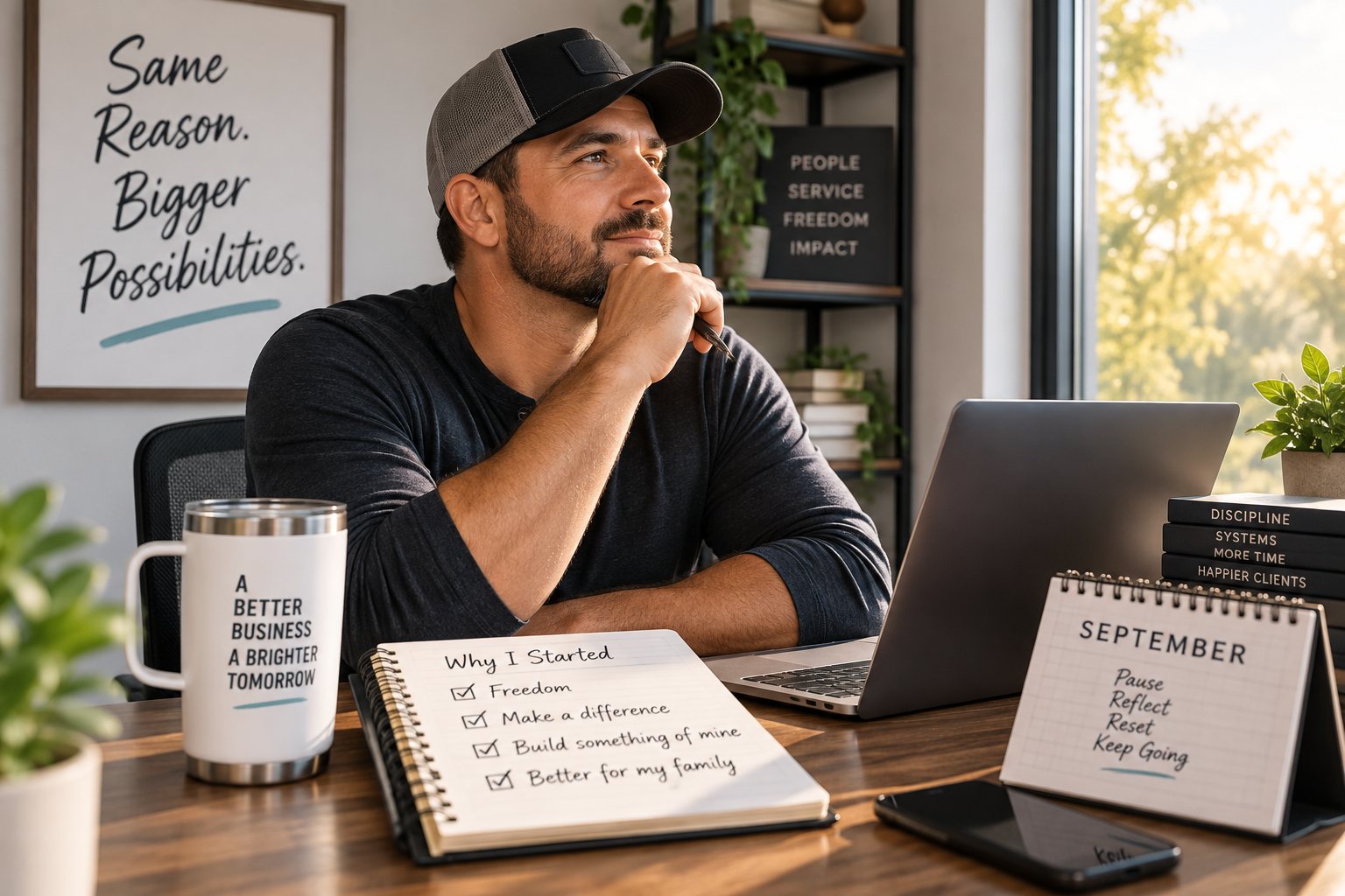 Small business owner sitting at a desk reviewing notes, reflecting on why you started your business