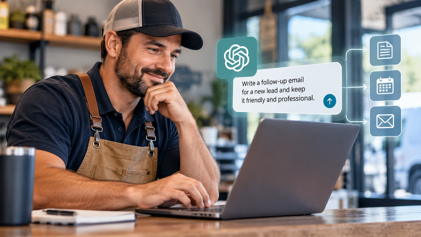 Small business owner typing a plain-language request into an AI tool on a laptop at a store counter