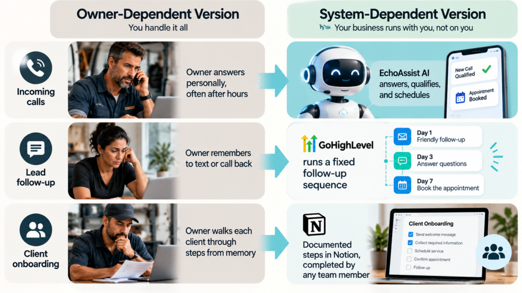 Notion workspace showing documented client onboarding steps that no longer require the owner