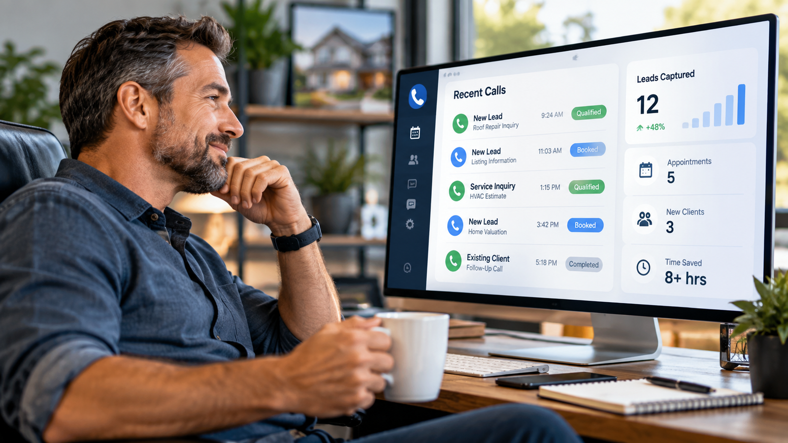 Business owner reviewing a follow-up dashboard instead of personally handling every client call