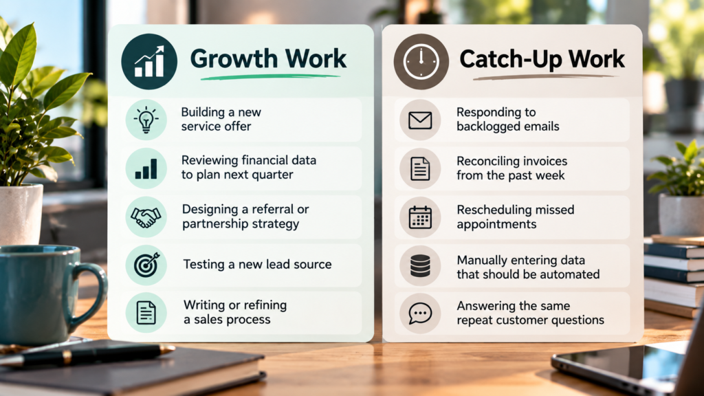 Split checklist showing growth tasks on one side and backlog catch-up tasks on the other side