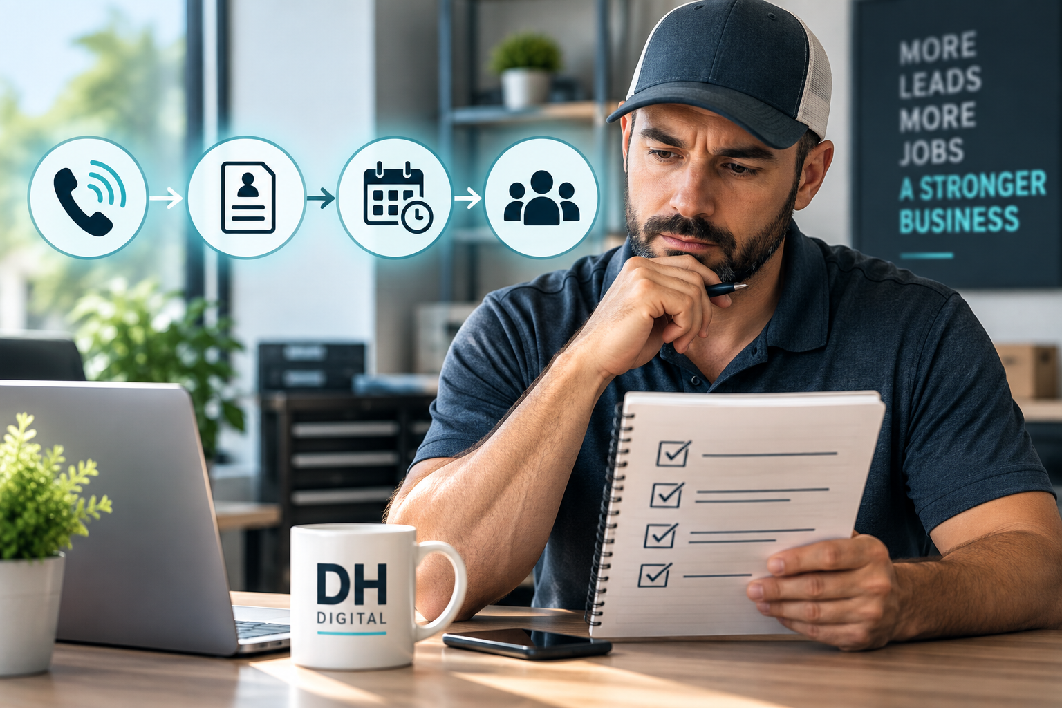 Business owner reviewing a checklist before an EchoAssist AI receptionist demo