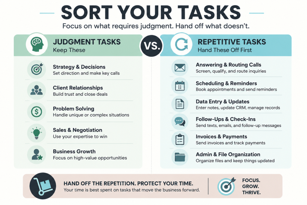 Simple sorting chart separating judgment tasks from repetitive tasks for a small business