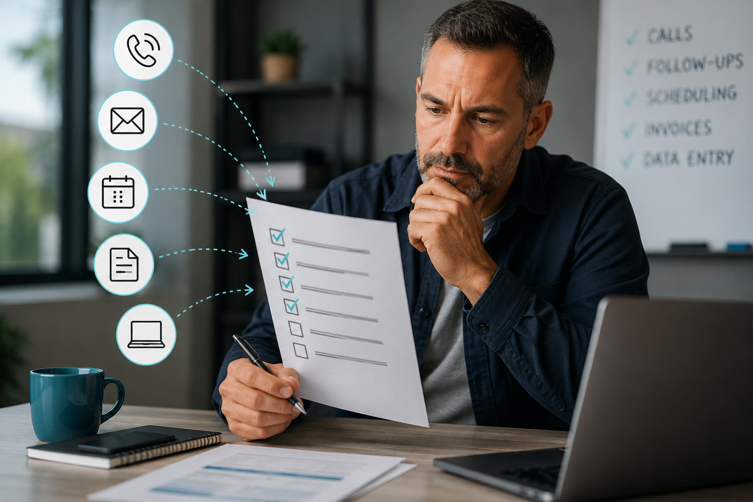 Service business owner reviewing a task list to identify repetitive work to hand off