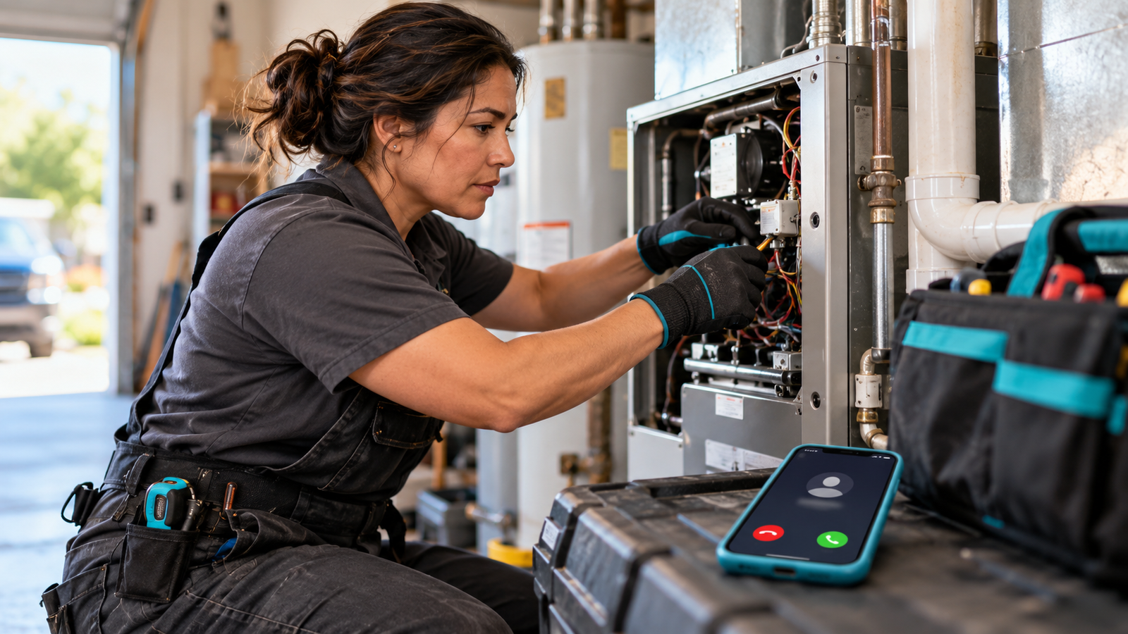Home-service owner works while an incoming call appears on her phone.