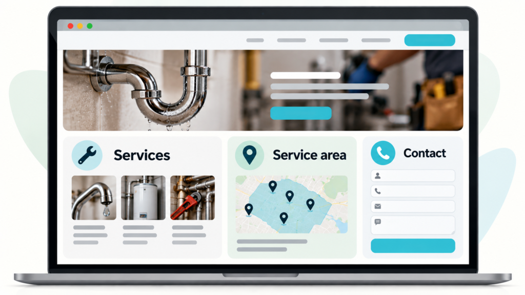 Plumber website layout highlights Services, Service area, and Contact.