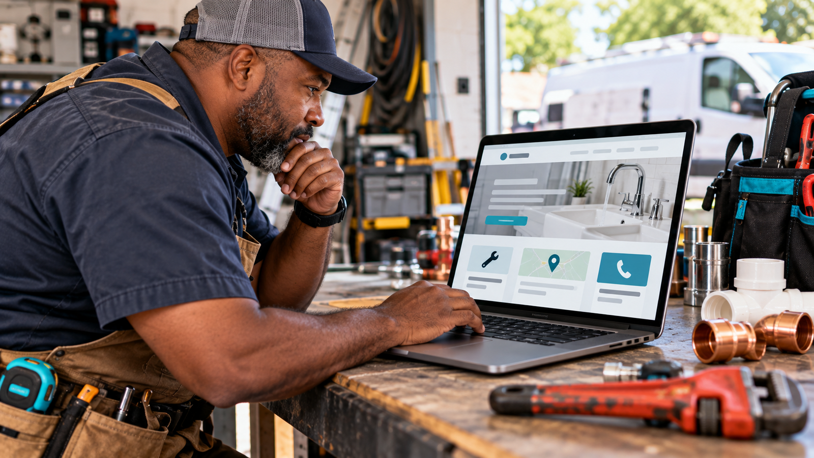 Plumber reviews a website layout on a laptop beside his tools.
