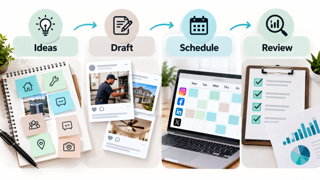 Social media planning flow is labeled Ideas, Draft, Schedule, and Review.