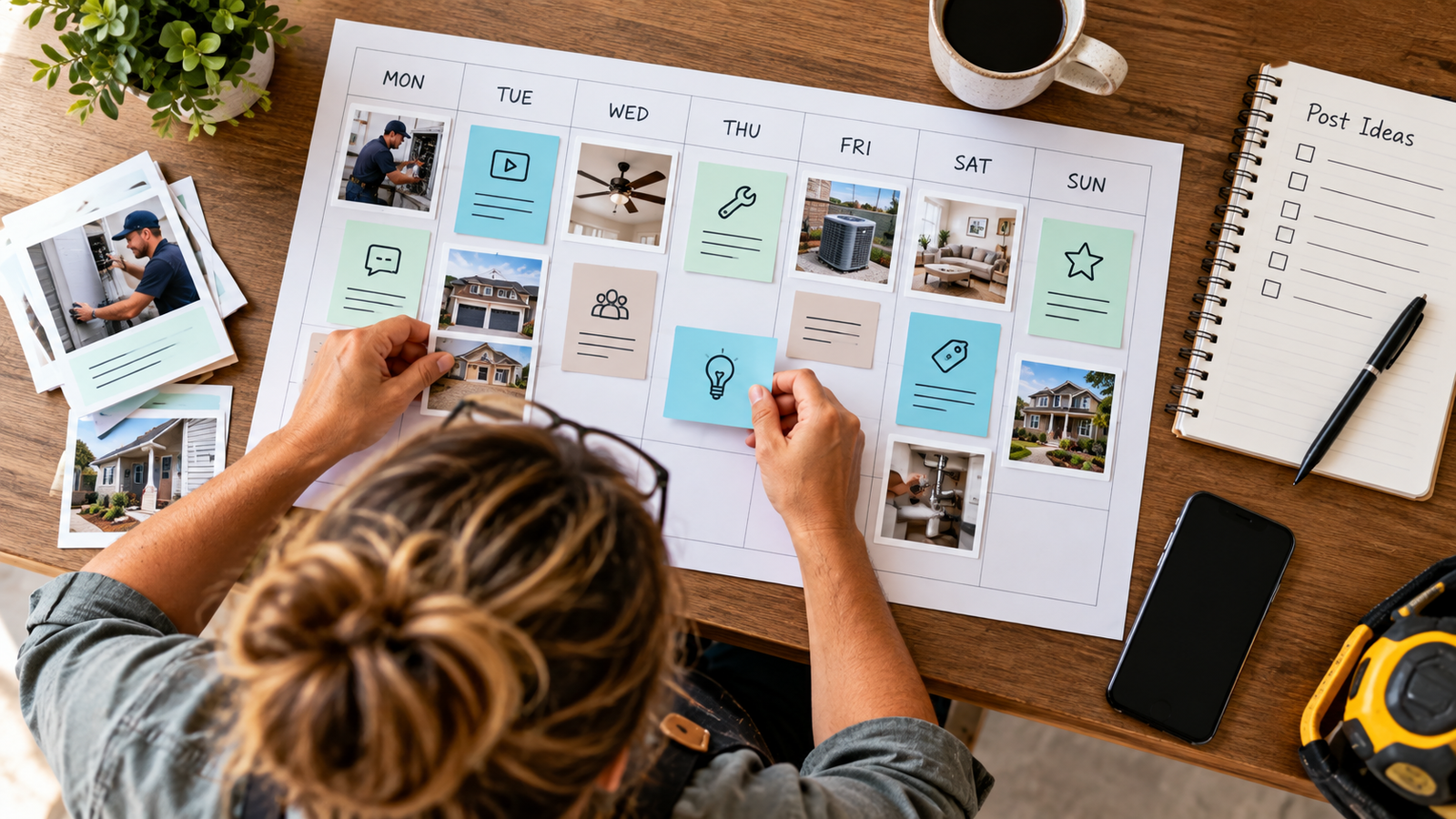 Service-business owner arranges social post ideas on a weekly calendar.