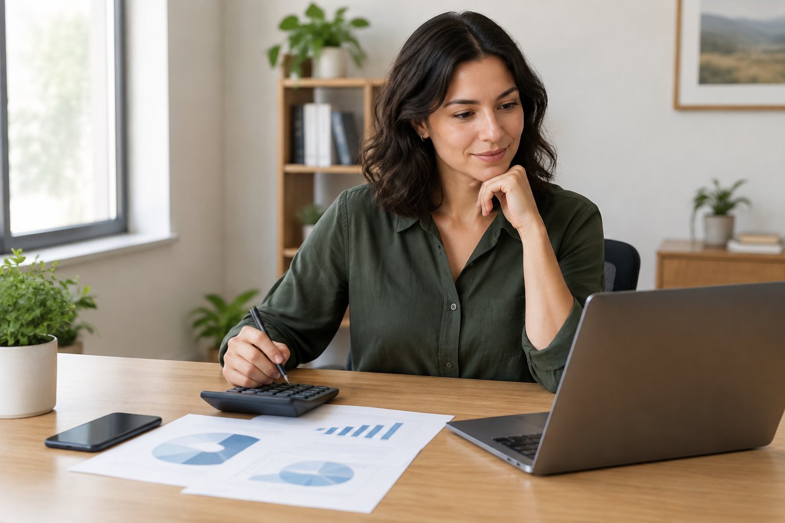 A small business owner reviews a laptop and budget papers at a desk.