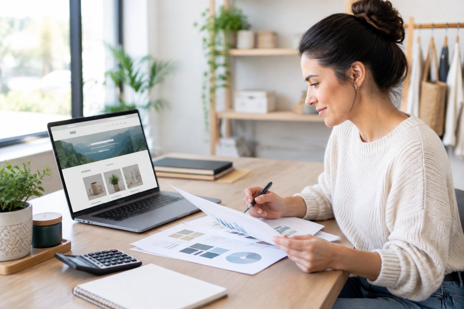 A small business owner reviews a website layout and budget papers at a desk.